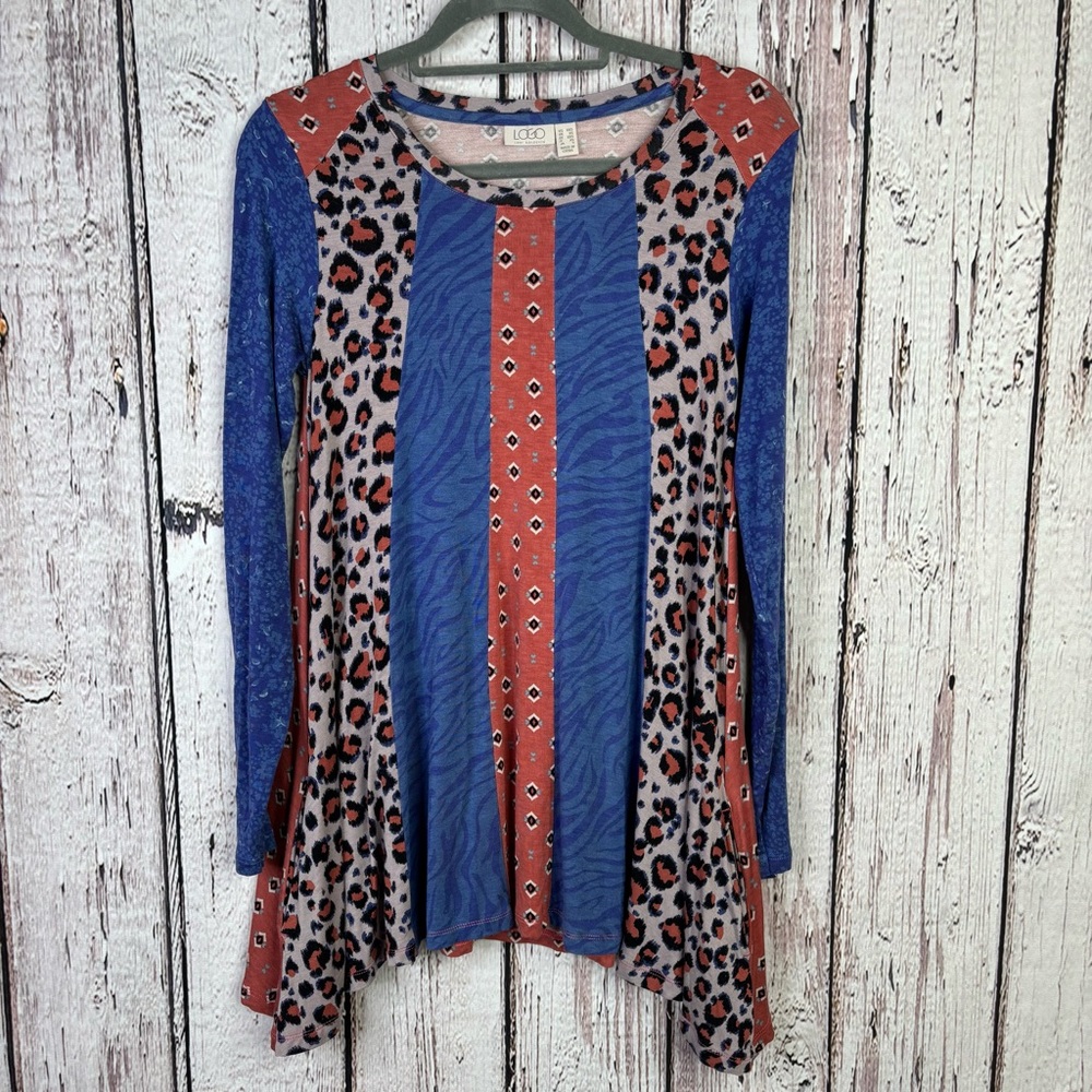 LOGO Lori Goldstein Tunic Top XXS 2XS Stretchy Shark Bite Hem Mixed Patterns EUC